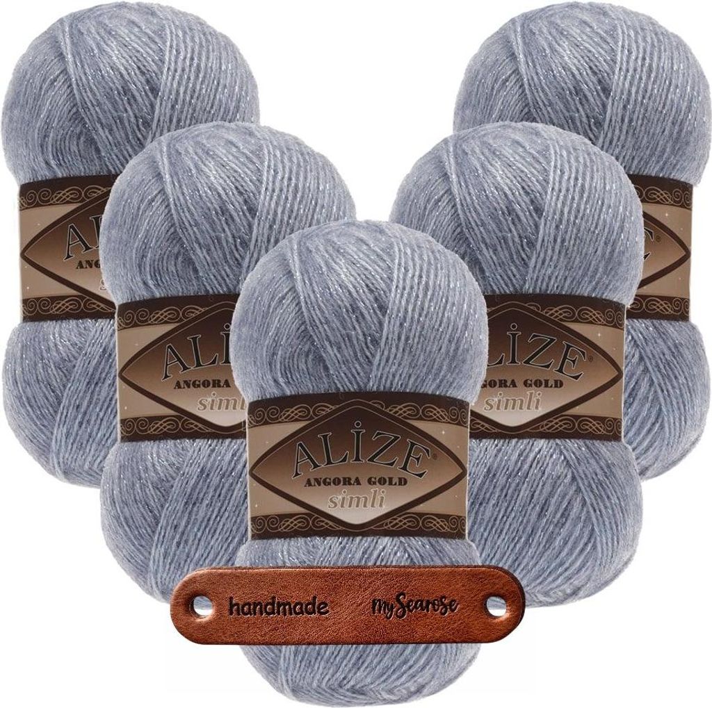 5 x ALIZE Angora Gold Simli 221 Denim Melange mit Label