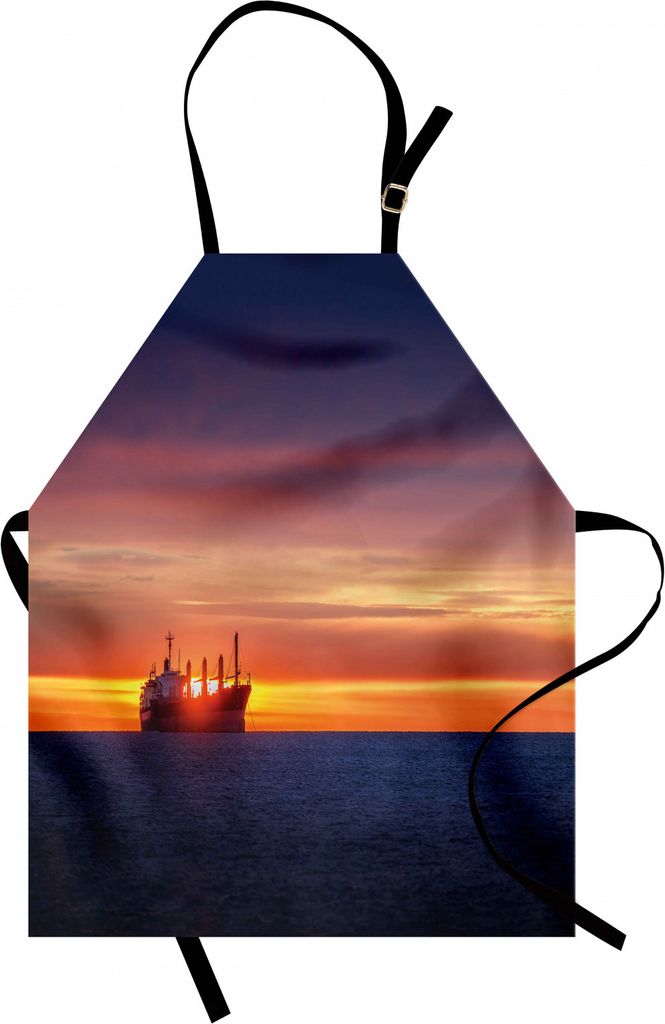 ABAKUHAUS Nautisch Kochschürze, Sonnenaufgang-Horizont auf dem Meer mit segelndem logistischem Frachtschiff-Seereiseziel, Farbfest Höhenverstellb...