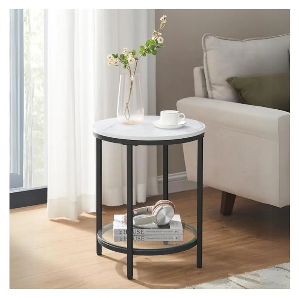 Table d'appoint à 2 étages en bois de palette et verre trempé blanc