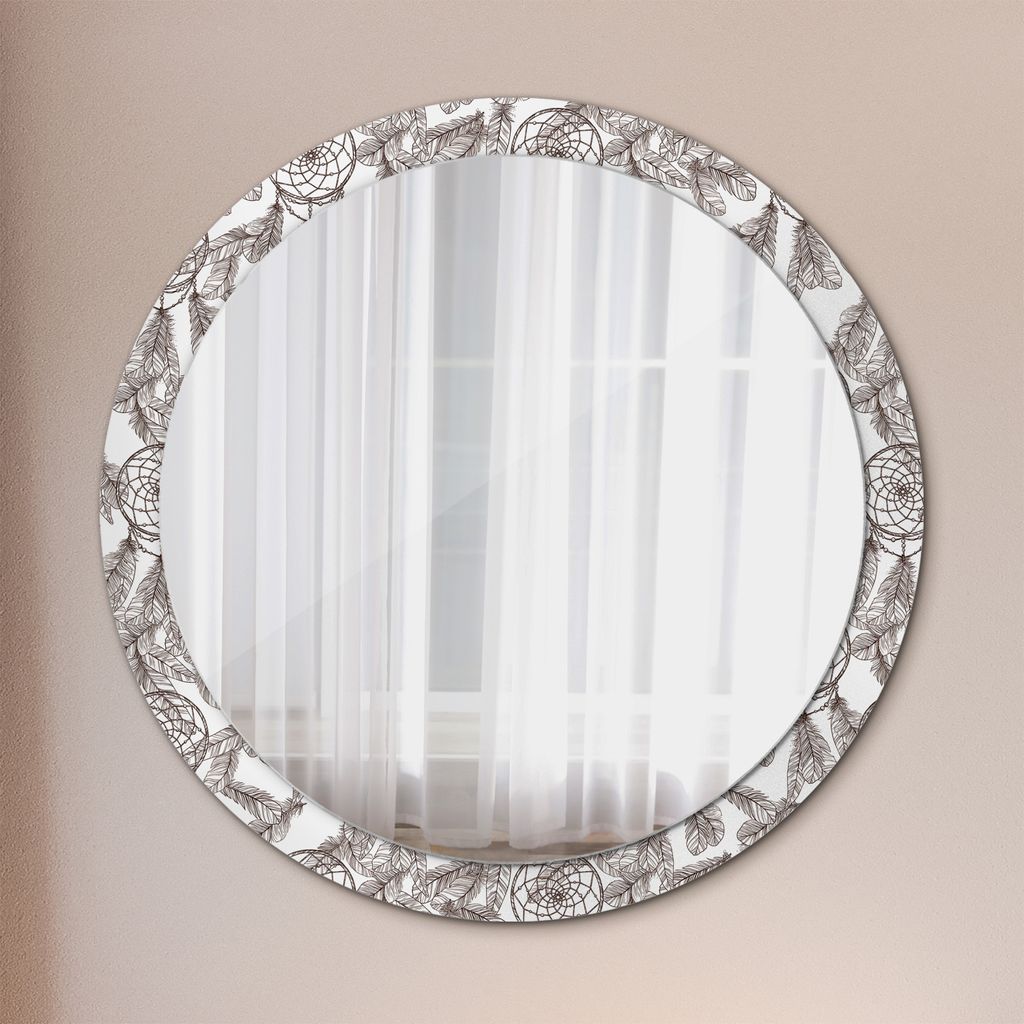 Ø100cm Modern Spiegel - Wandspiegel Wandmontage- Schlafzimmer - Traumfänger Federn
