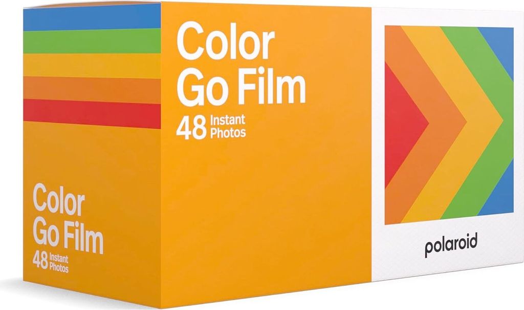 A product box for Polaroid Color Go Film, showing the packaging and a sample image.
