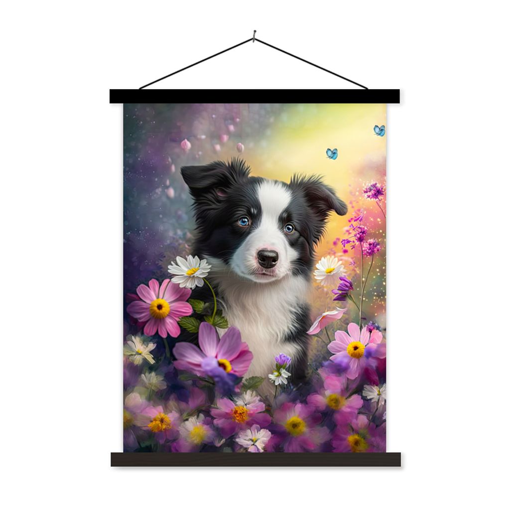 MuchoWow Textilposter Hund - Blumen - Natur - Welpe - Border Collie 90x120 cm mit schwarzem Rahmen - Dekoration