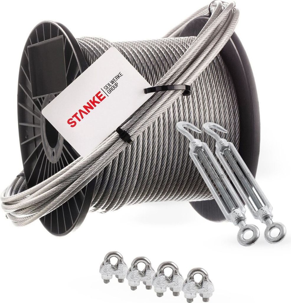 Seilwerk STANKE Rankhilfe PVC Edelstahldrahtseil ummantelt 100m V4A Edelstahlseil 4mm 7x7, 2x Spannschloss verzinkt M10 Haken+Öse, 4x Bügelformkl...