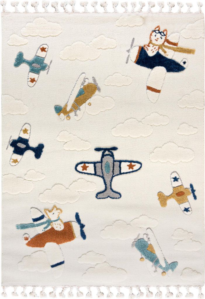 Mazovia Kinderteppich Spielteppich - Flugzeugen und Wolken Creme, Bunt Weicher Teppich für Kinderzimmer - Allergikerfreundlich, Fußbodenheizung g...