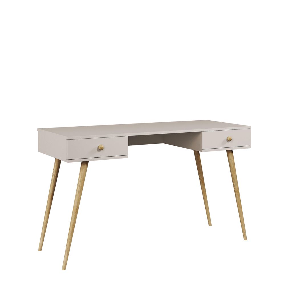 Schreibtisch Kaschmir Hellgrau NATURA 135cm Bürotisch mit 2 Schubladen Soft-Close & Echtholzbeinen Boho Skandi