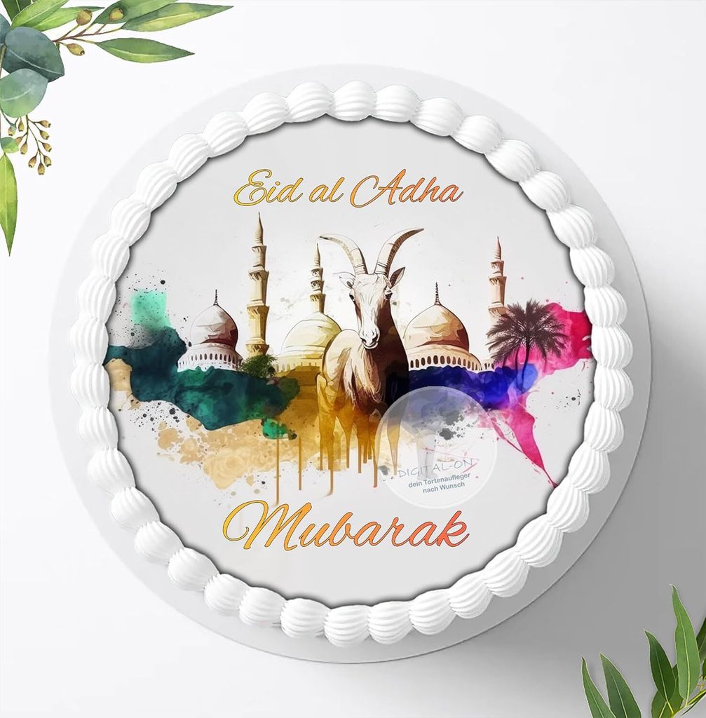 Für die Geburtstags Torte ein Tortenaufleger, Zuckerbild mit dem Motiv: Eid al Adha Mubarak,Ramadan , Essbares Foto für Torten, Fondant, Ø 20cm,...