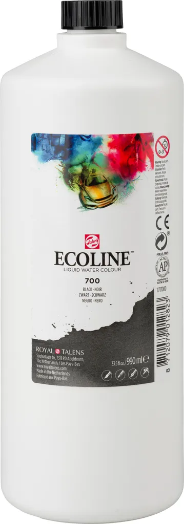 Bouteille encre Ecoline 990 ml - Peinture à l'eau liquide Noir 700 intense