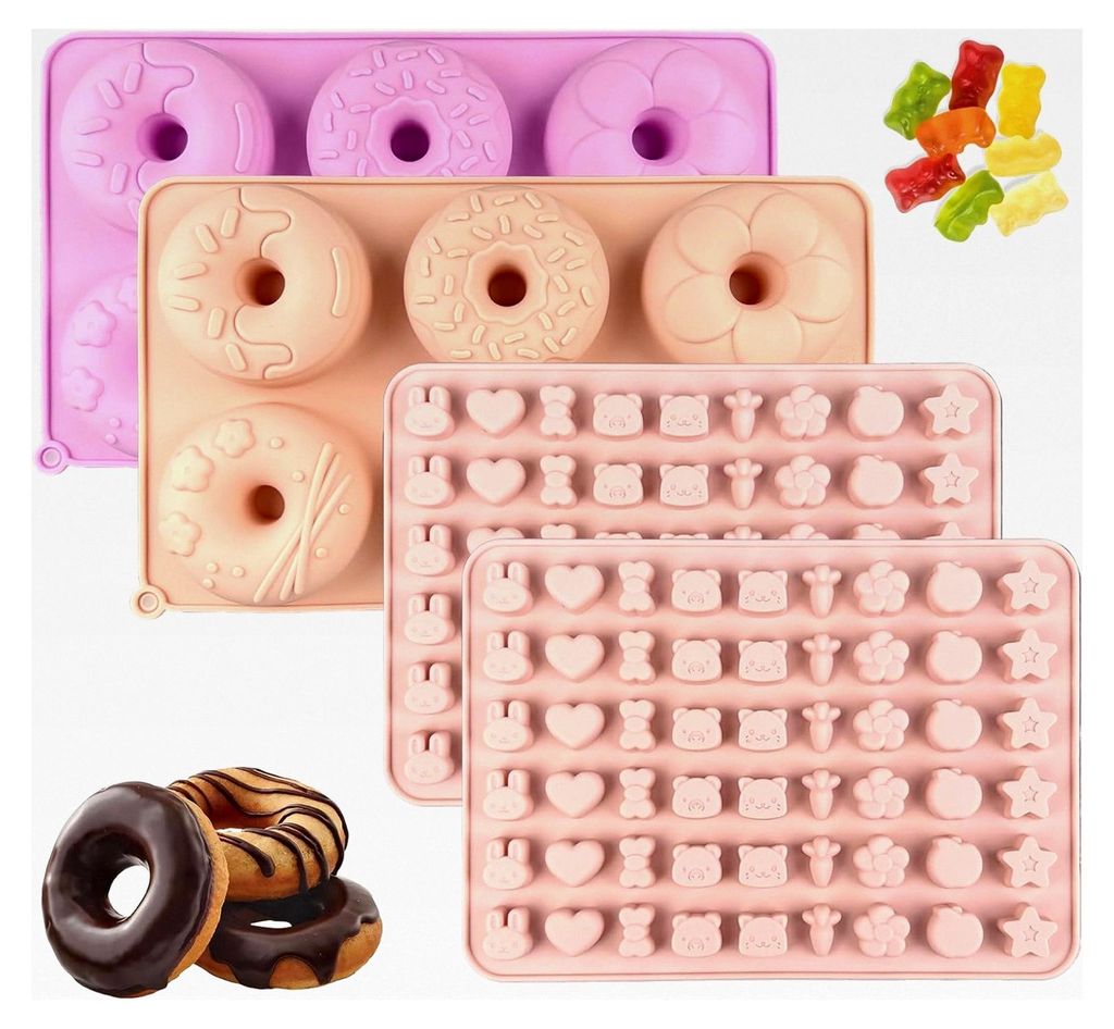 2 Stück Silikon Donut Backform, 6-fach wiederverwendbare Donutform, Antihaftbeschichtung Donut Backblech, 2 Stück Gummibärchen Formen, 54-fach S...