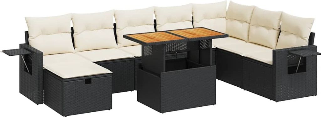 vidaXL 9-tlg. Garten-Sofagarnitur mit Kissen Schwarz Poly Rattan