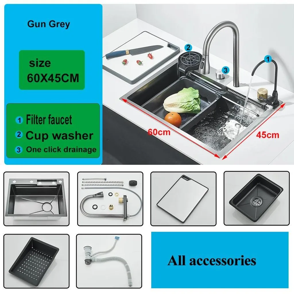 Évier une cuve inox gris avec rince-gobelet et robinet cascade design