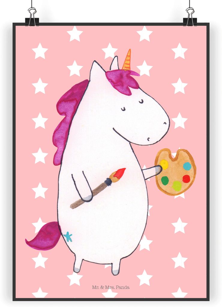Mr. & Mrs. Panda Bild Einhorn Künstler DIN A3 - Rot Pastell - Geschenk, wandkunst, Unicorn, wanddeko, Farbe, Wanddekoration, Stift, Zeichnen, Wand...
