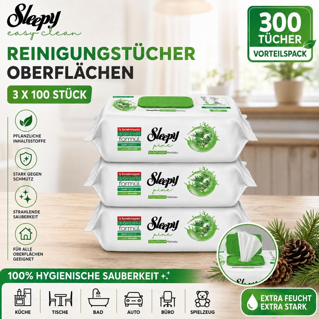 Sleepy Oberflächenreinigungstücher Pine Breeze 3x100 Produktbild  KI-generiertes Bild