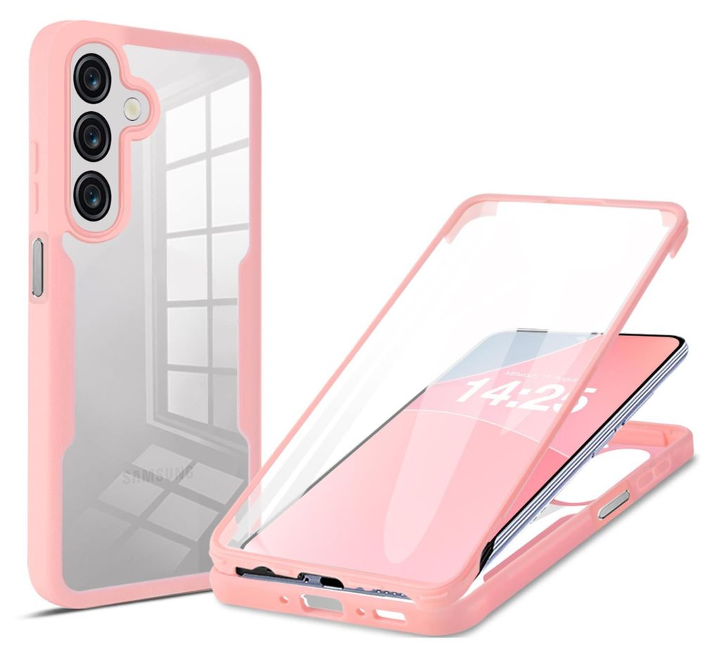 A pink and clear phone case is shown from two angles, one fully assembled and one disassembled to show the phone inside.