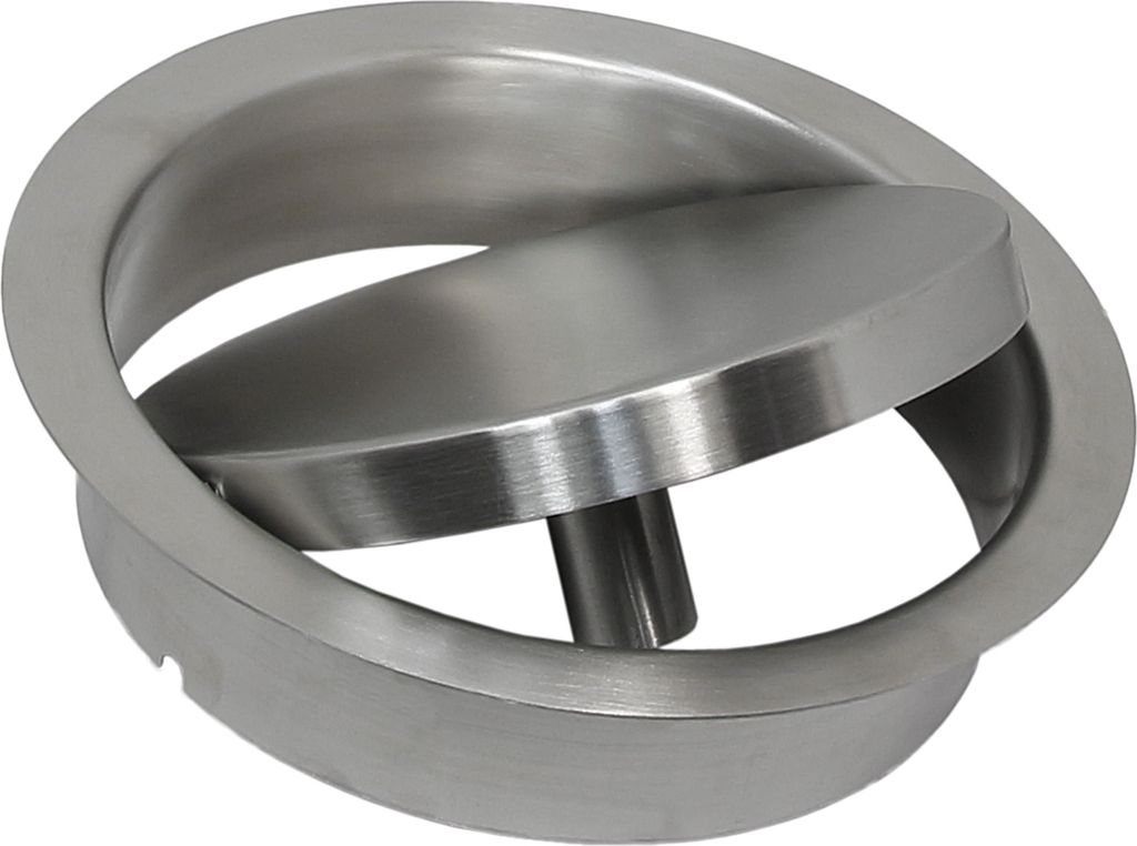 A close-up, studio shot of a stainless steel waste disposal ring with a hinged lid.