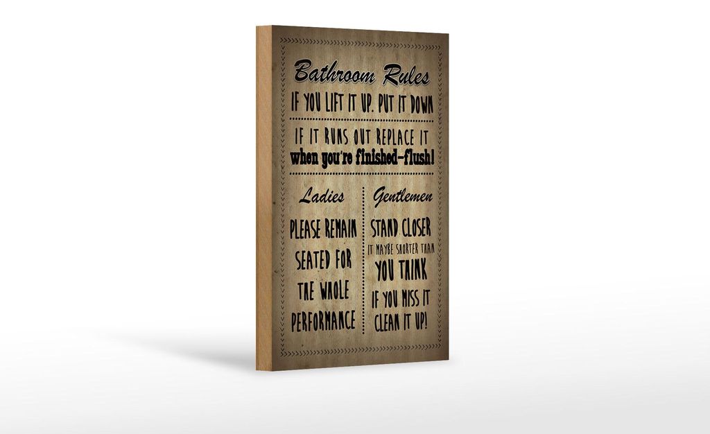 Holzschild Spruch 12x18cm Bathroom Rules Ladies Gentlemen