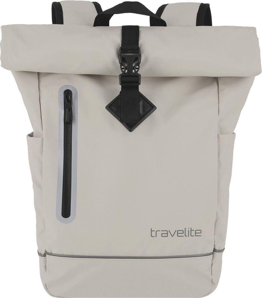 A front view of a roll-top backpack.