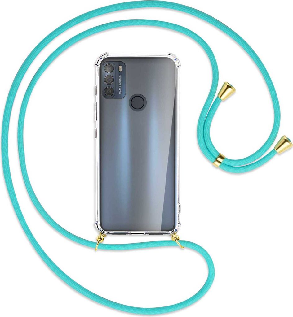 Handykette Backcover-Schutzhülle mit Band (Metall goldfarben) für Motorola Moto G50 (XT2137) - türkis