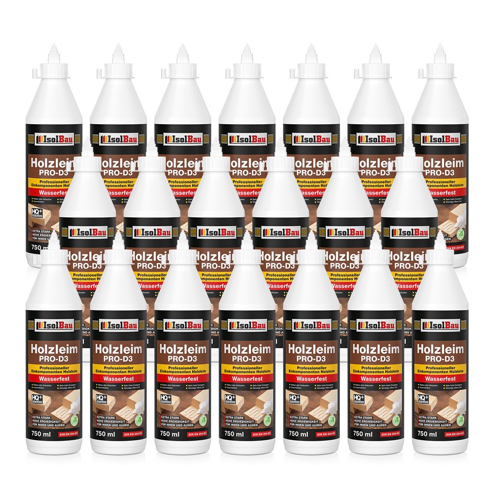 Isolbau Holzleim PRO-D3 - 20 x 750 ml (860 g) Extra starker Holzkleber für alle Holzarten, für Innen & Außen, Wasserfest, Lösemittelfrei