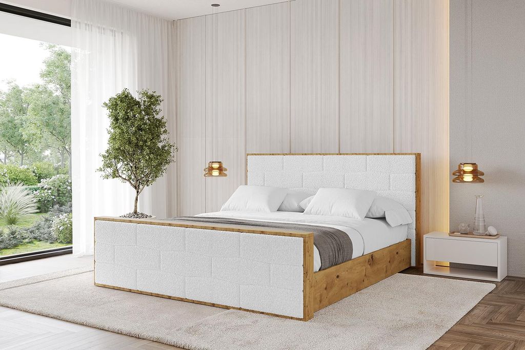 ALTDECOR Polsterbett mit Bettkasten - ENZO8-Z - 200x200 Weiß- Bett mit Kopfteil und Fußteil, Boxbett ohne Matratze, Doppelbett mit Stauraum