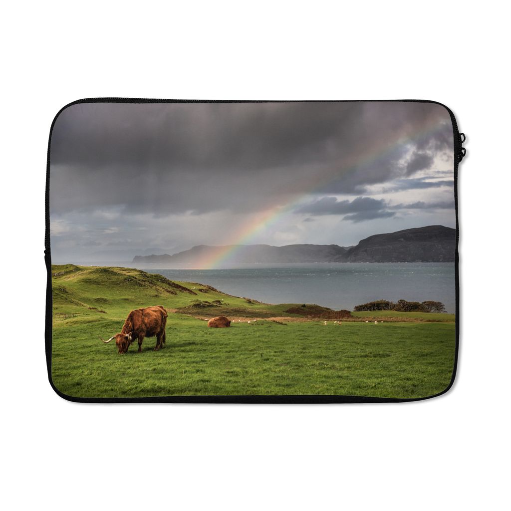MuchoWow Laptop Hülle 13 Zoll Schottische Highlander - Gras - Wolken Laptoptasche - Laptophülle - Sleeve - Rundumschutz