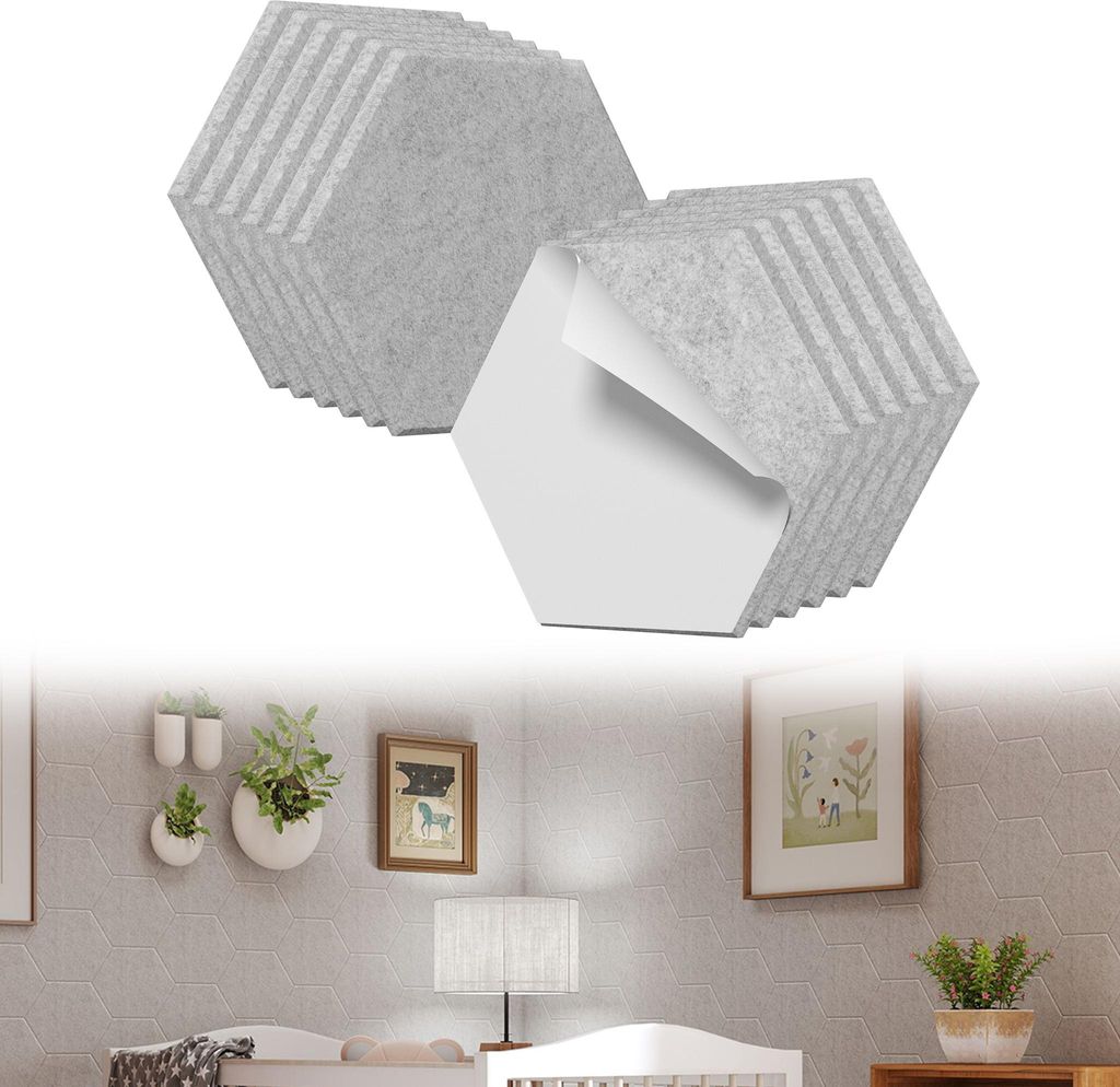 UISEBRT 12x Akustikplatten 30x26cm Hexagon Hellgrau, Schallschutz Wandpaneele, Hochdichte Schalldämmung, Schallabsorber für Heimkino Studio Büro