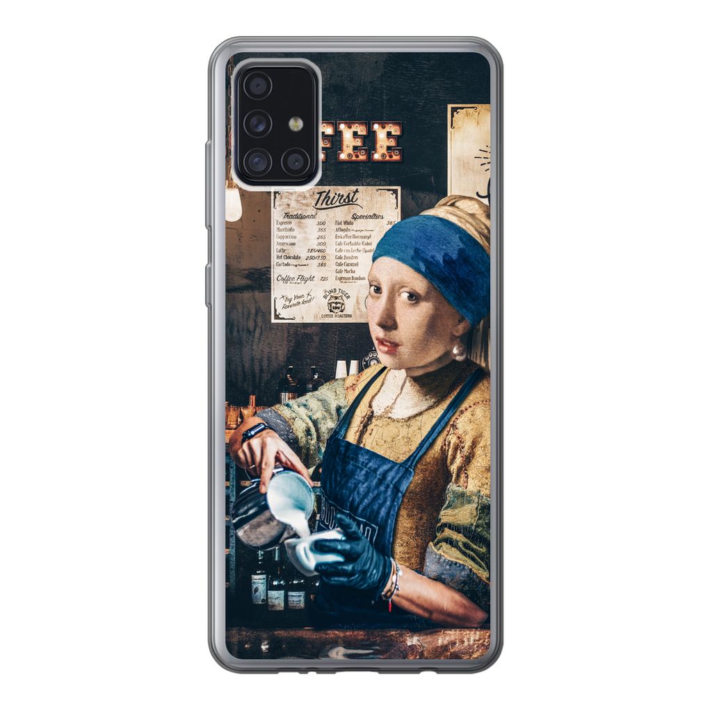 MuchoWow Handyhülle Schutzhülle Hülle für Samsung Galaxy A52 5G Mädchen mit Perlenohrring - Cappuccino - Barista - Vermeer - Kaffee - Gemäl...