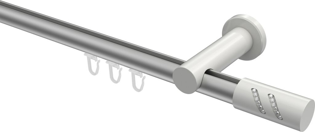 Interdeco Innenlaufstange / Gardinenstange mit Innenlauf Silbergrau / Weiß, Typ Platon Zoena (Glitzerzylinder), 20 mm Ø 1-läufig, 220 cm