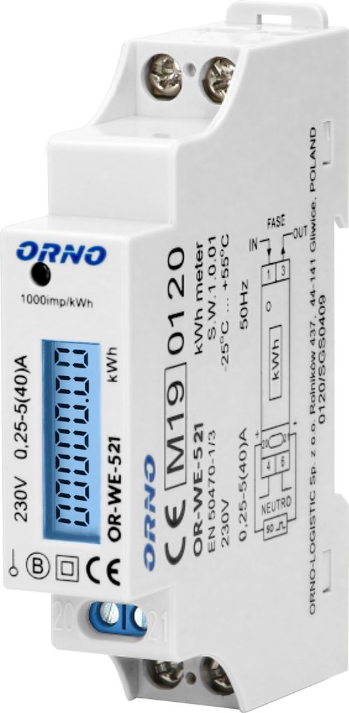 Miernik jednofazowy ORNO OR-WE-521, 40A, certyfikat MID, Zdjęcie produktu 