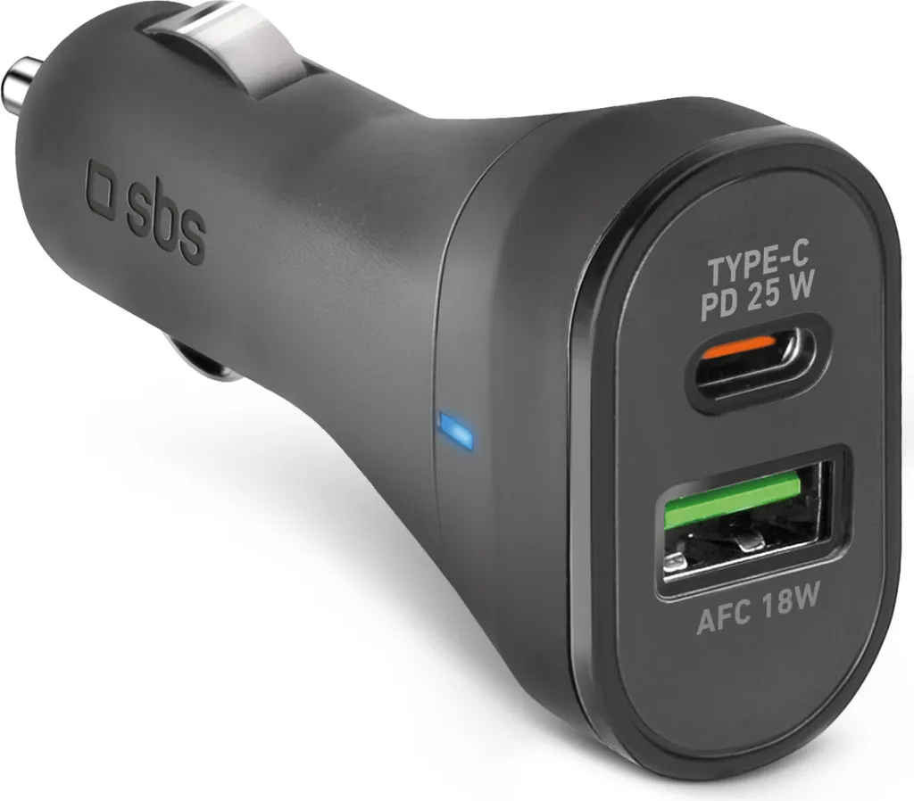 Chargeur de voiture 25W Power Delivery SBS USB-C et USB-A Noir Rapide