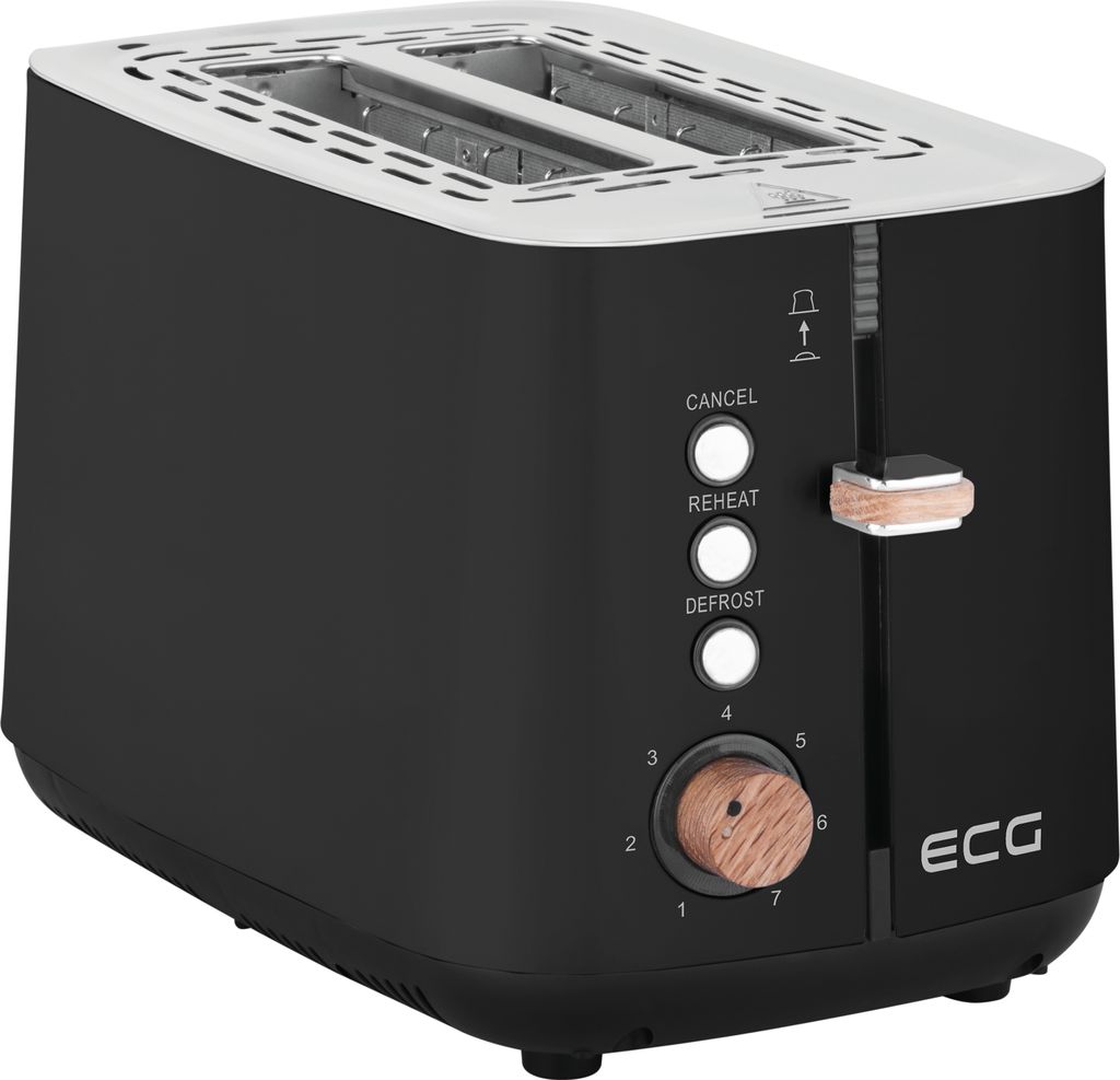 A black toaster with wood accents is shown against a white background.