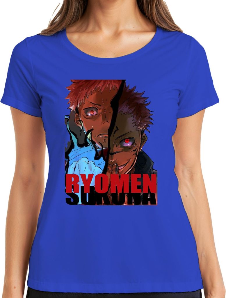 Ryomen Sukuna JujutsuKaisen Dämon rote Augen Anime gruselig Fan Damen T-Shirt, Blau, XXL