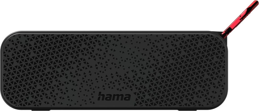A black Bluetooth speaker with a red accent on a white background.