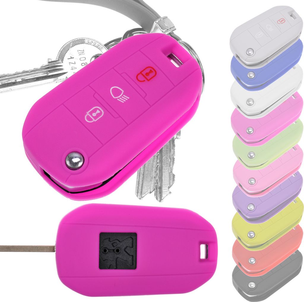 Auto Schlüssel Hülle Silikon Schutz Cover Pink kompatibel mit Peugeot 208 301 308 508 5008 2008 Expert Citroen C3 C4 Spacetourer Traveller 3 Tast...