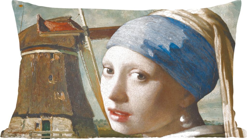 MuchoWow Zierkissen Sofakissen Wohnzimmer Dekokissen 60x40 cm Das Mädchen mit dem Perlenohrring - Mühle - Vermeer - Kopfkissen - Polster mit Foto