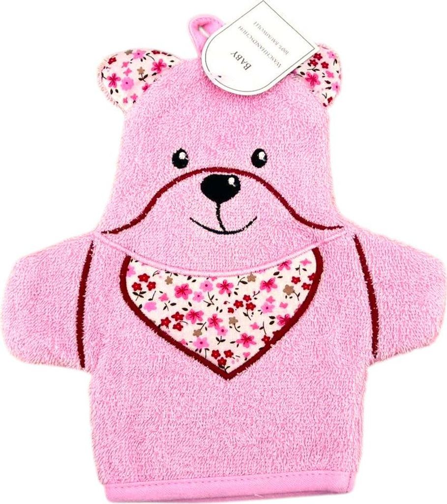 Baby Waschhandschuh Bär » Kinder Waschlappen Frottee » ca. 22x 15 cm reine Baumwolle » Wasch Handschuh: Rosa Farbe: Rosa