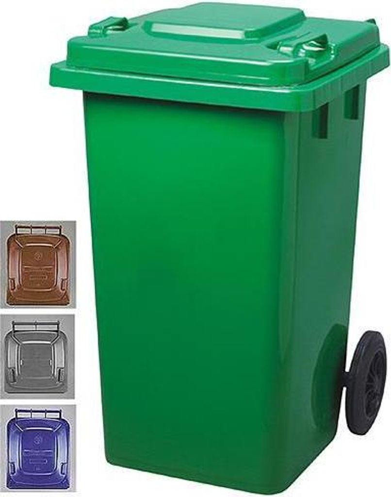 A green trash bin with smaller images of other colored bins on the left.