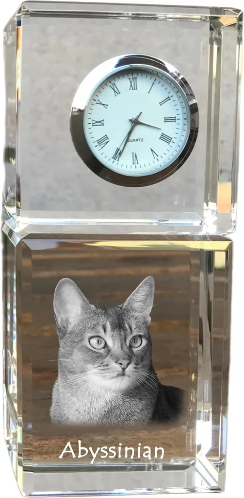 Horloge de table personnalisée en cristal photo Chat d'Abyssinie 12cm