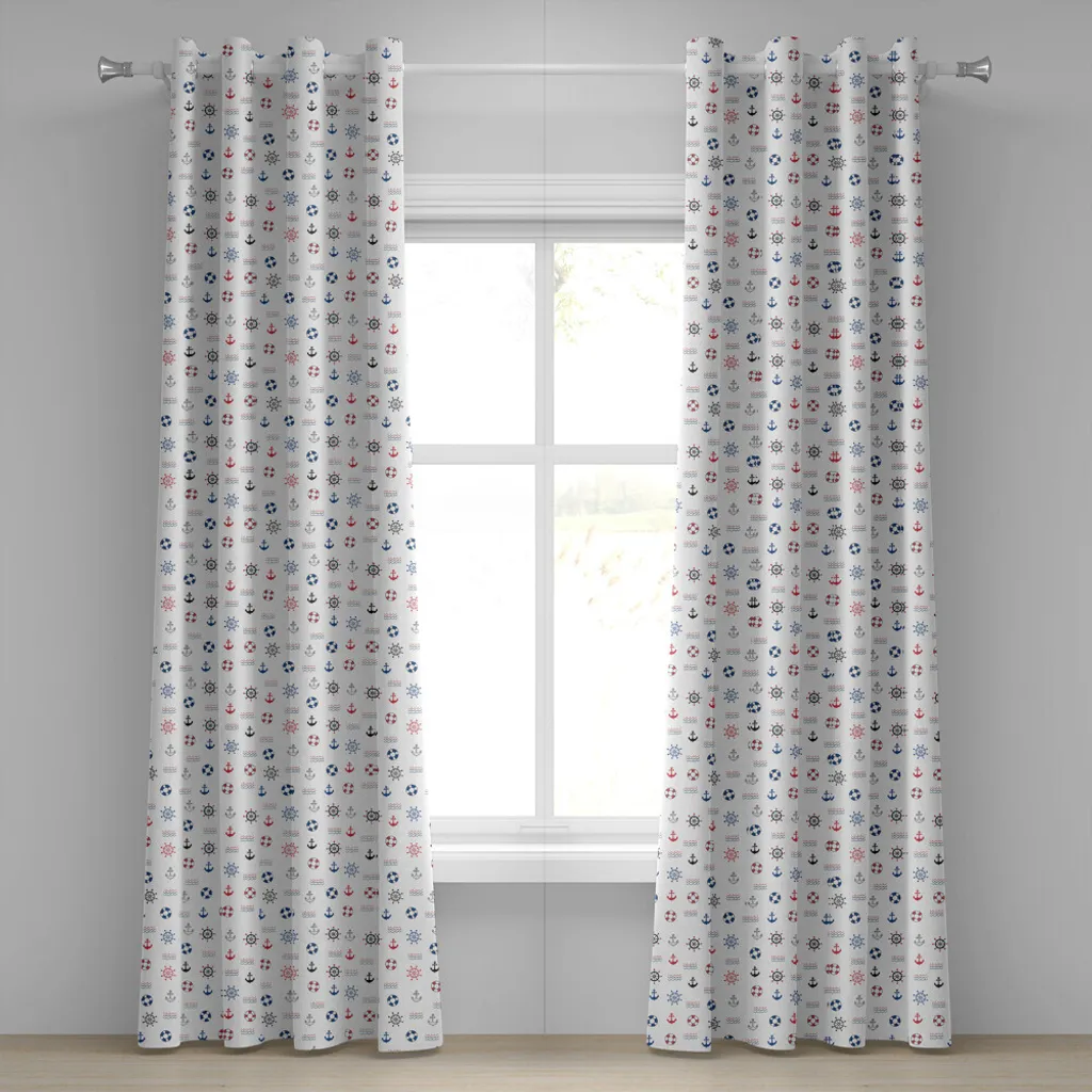 ABAKUHAUS Tenda con occhielli nautica, elementi marini in primo piano salvagente ancora bussola onde marine tema cameretta bambini, tende decorative a 2 pannelli, 280 cm x 225 cm, blu e rosso