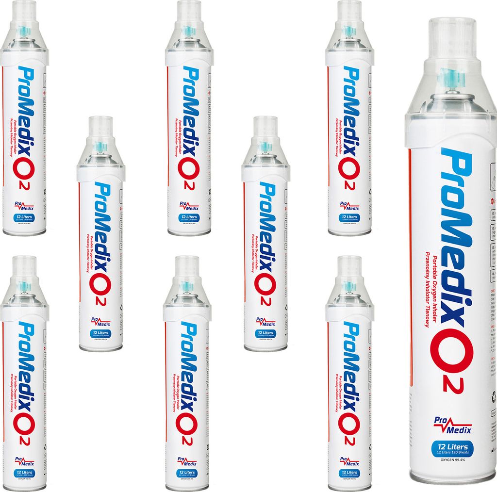 A collection of portable oxygen inhalator cans arranged in a grid pattern against a white background.