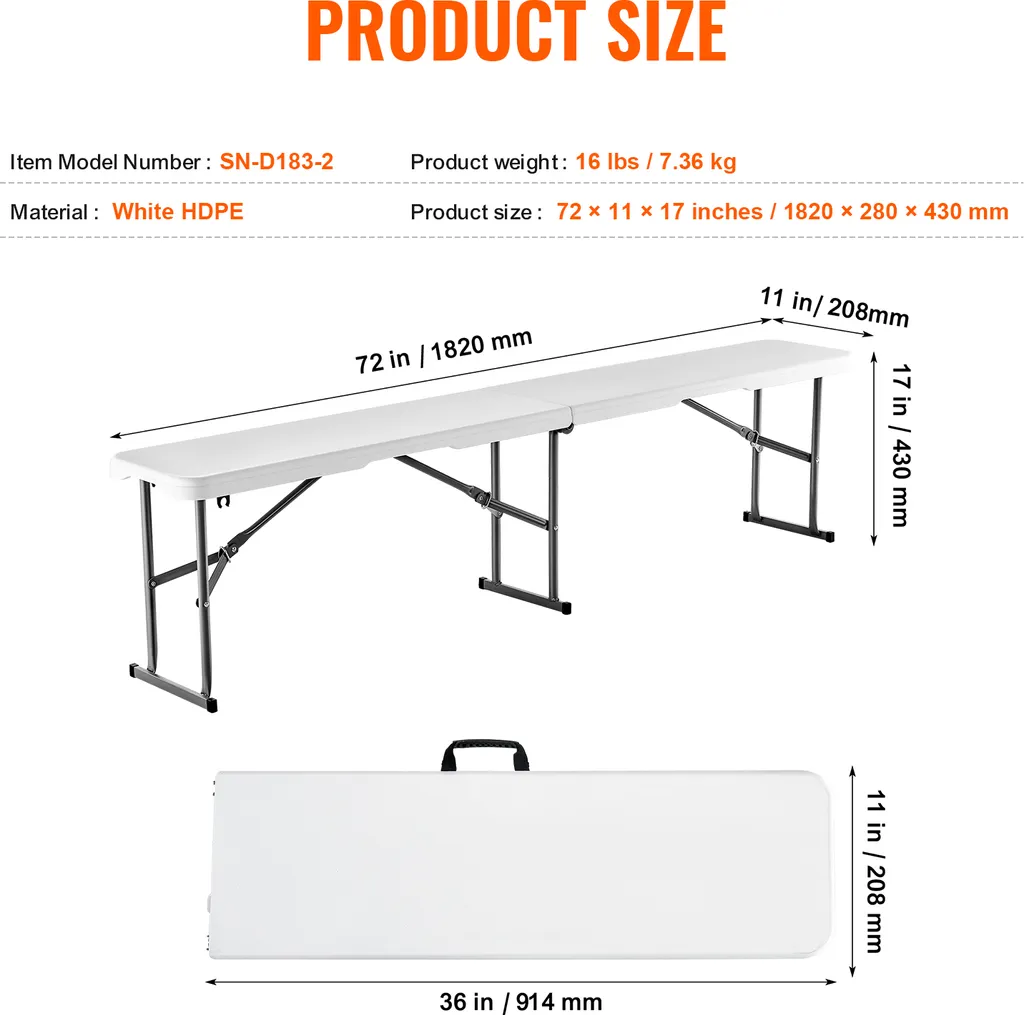 Banc Pliant Gain de Place 183cm - Solution Assise Portable pour Extérieur