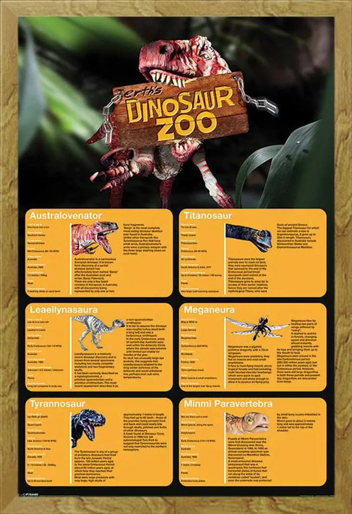 Erths Dinosaur Zoo - Poster - Fatti sui dinosauri + cornice rimovibile, Shinsuke® Maxi MDF oak, disco acrilico