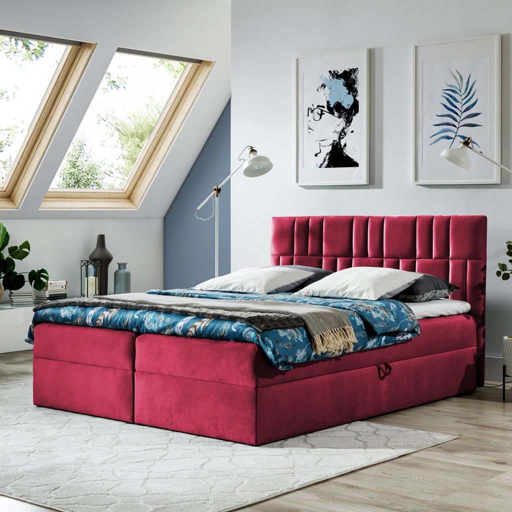 Boxspringbett Doppelbett TEO 1 - 140x200cm Bett mit Bonellmatratze, mit Bettkasten f r Bettw sche und Topper. (Rot)