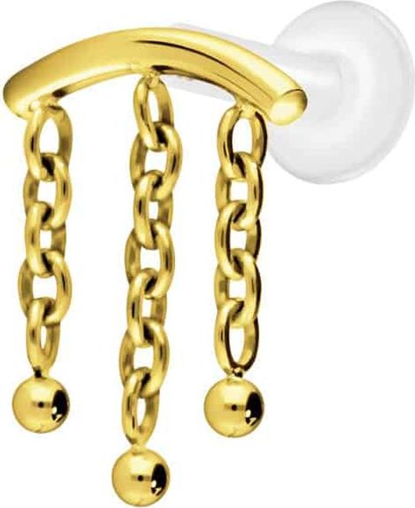 Ohrpiercing, Nasenpiercing PTFE Labret mit Innengewinde + Titan-Aufsatz BOGEN + 3 KETTEN Gold Stablänge: 7mm | Stabstärke: 1,6mm