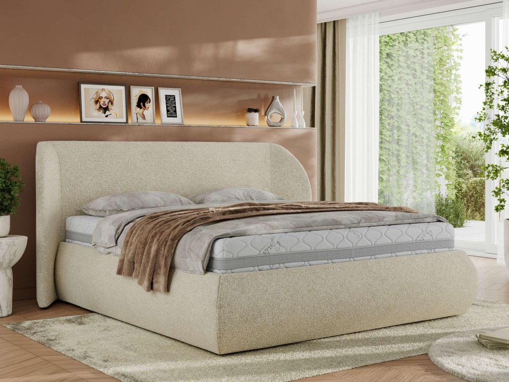MKS MEBLE Polsterbett mit Bettkasten CAELA CLASSIC Bett mit Stauraum und Gasdruckfeder Doppelbett Multipocket Matratze ELORI LUX 140x200 Creme Stru...