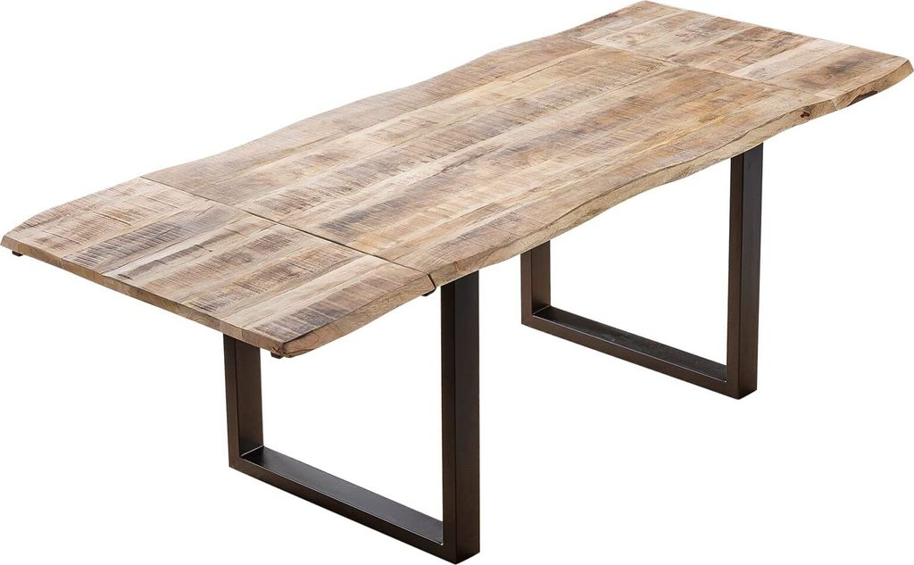 Baumkantentisch 160 (260) x 90 cm Noar, Mangoholz massiv, lackiert & naturfarben, Esstisch mit U-Metallgestell in Mattschwarz, echte Baumkante, ink...