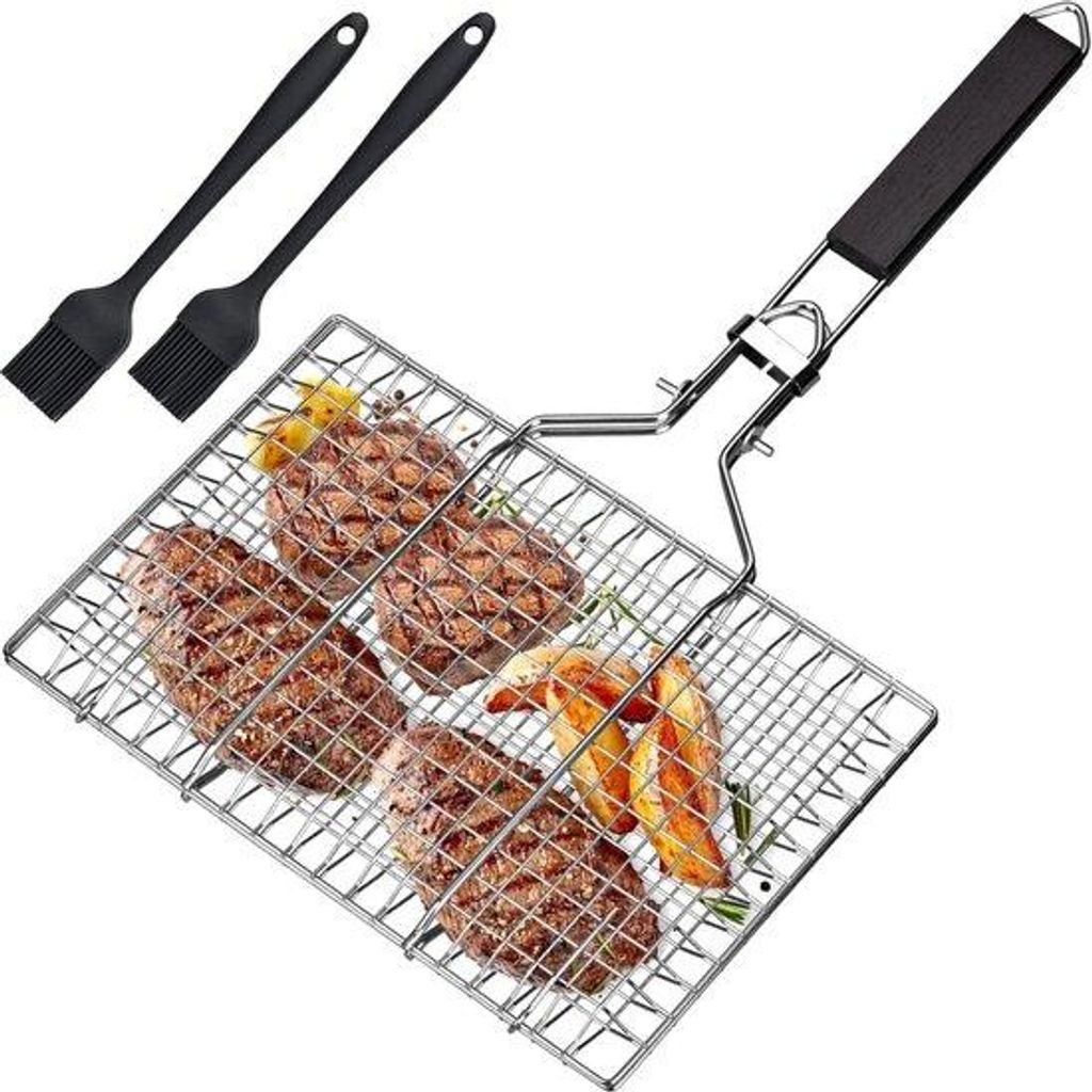 Grillset aus Edelstahl mit Griff - Mit 2 Silikon-Bürsten - Vierkantige Grillplatte - Opvougbare Grillzange - Handlich - Accessoires für Edelstahl...