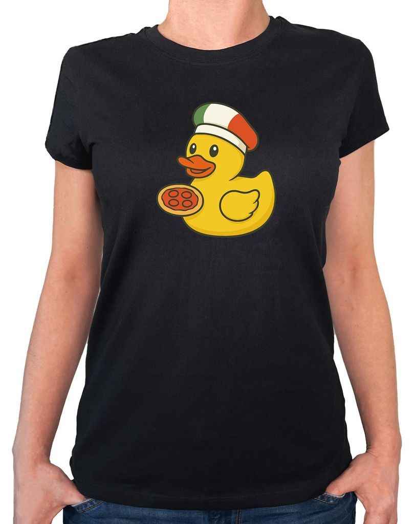 Huuraa Damen T-Shirt Quietscheente Italien Gummiente Italiener L Black Bio Baumwolle Fairtrade Damenshirt Geschenkidee