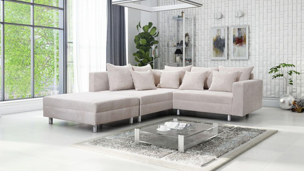 Wohnlandschaft Sofa Couch Ecksofa Eckcouch Cordstoff beige Produktbild 