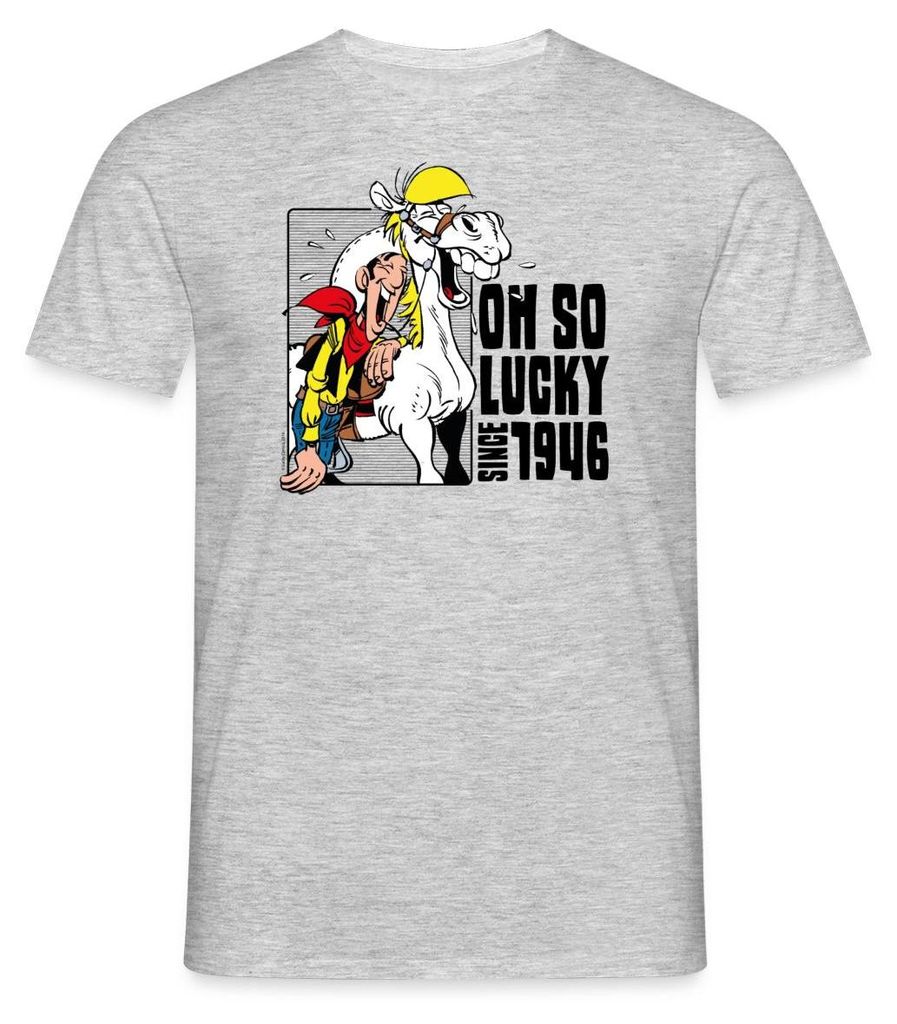 Spreadshirt Lucky Luke mit Jolly Jumper Oh so lucky Männer T-Shirt, M, Grau meliert