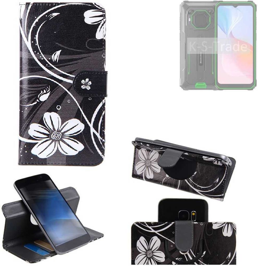 K-S-Trade Schutzhülle Handyhülle kompatibel mit Blackview BV6200 Pro Hülle 360° Wallet Case “Flowers“ Klapphülle Hülle schwarz-weiß 1x